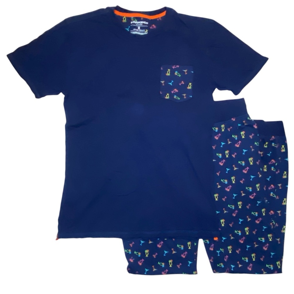 Hawke & Co Cocktail Drinks Navy Blue Pajama Shirt Pant Set Sz M